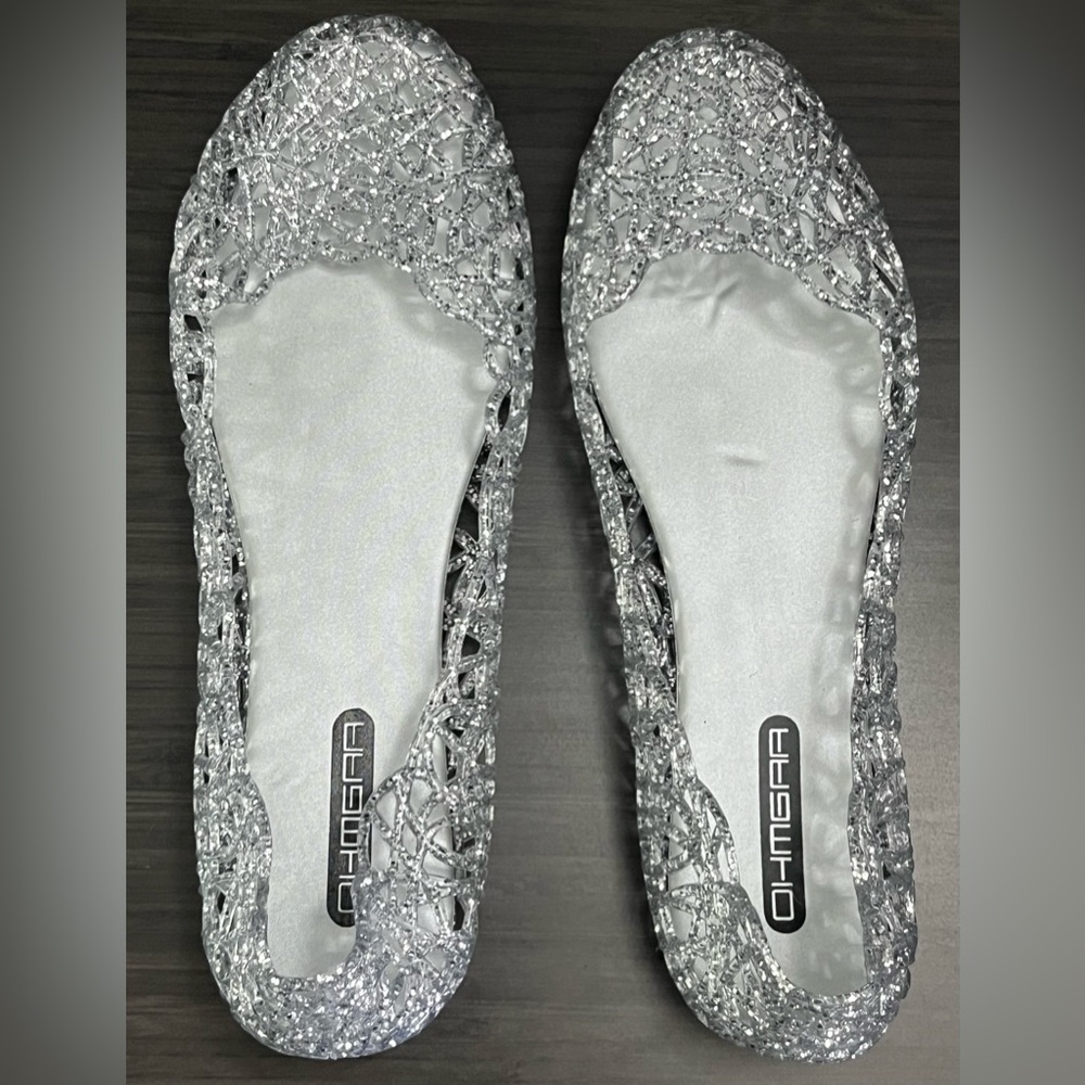 Ohmgaa Women's Silver Glitter Jelly Ballet Flat Size 10